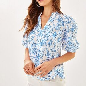 NWT Lilly Pulitzer Mialeigh Elbow Sleeve Linen Top In Resort White Tall Tales